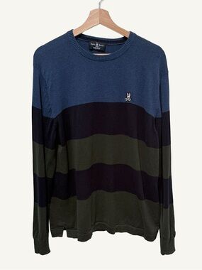 Psycho Bunny Colorblock Stripe Crewneck Sweater Pima Cotton L